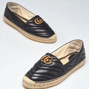 Gucci Black Quilted Leather GG Marmont Espadrille Flats Size 36.5